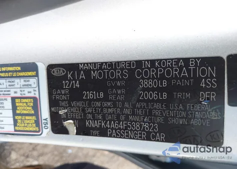 2015 Kia Forte Lx z USA, uszkodzony, nr VIN KNAFK4A64F5387823